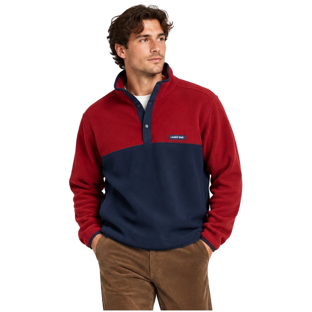 Lands End Sweater Mens XL Red Blue Snap T Mock Neck Fleece Pullover Cozy Outdoor